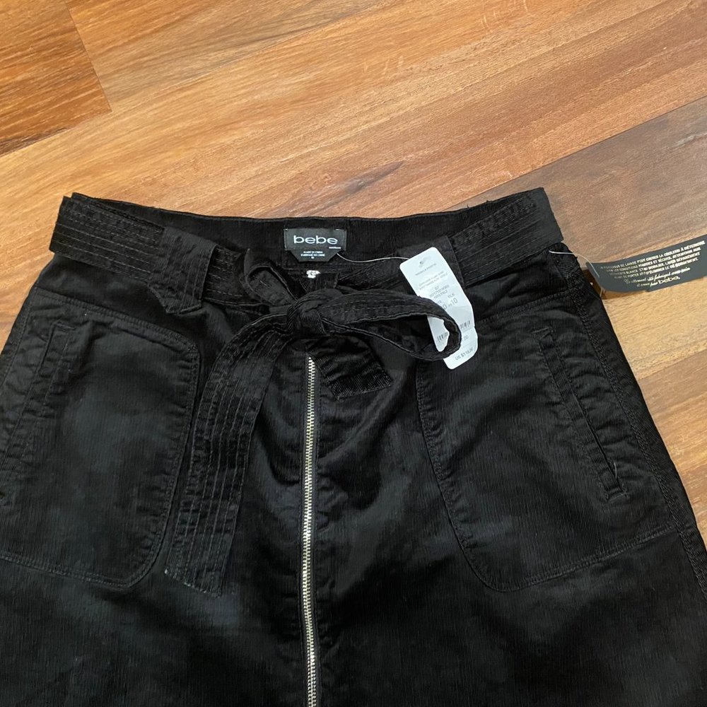 Bebe Black Corduroy A-Line Skirt w Front Zip, Pockets and Tie Belt Size 10 NWT - Picture 8 of 13